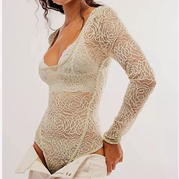 NWOT Free People In My Head Bodysuit Floral Lace Sheer Square Neck Feminine M - Picture 11 of 11